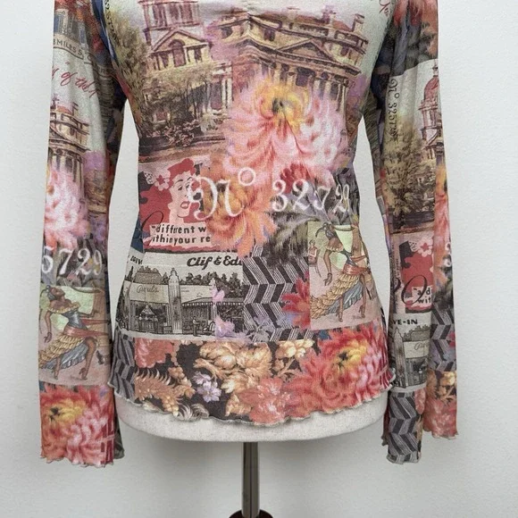 Y2K Vibrant Hawaiian Print Top Womens Medium* Hula Girl Lettuce Hem Dainty Fairy - Picture 3 of 12